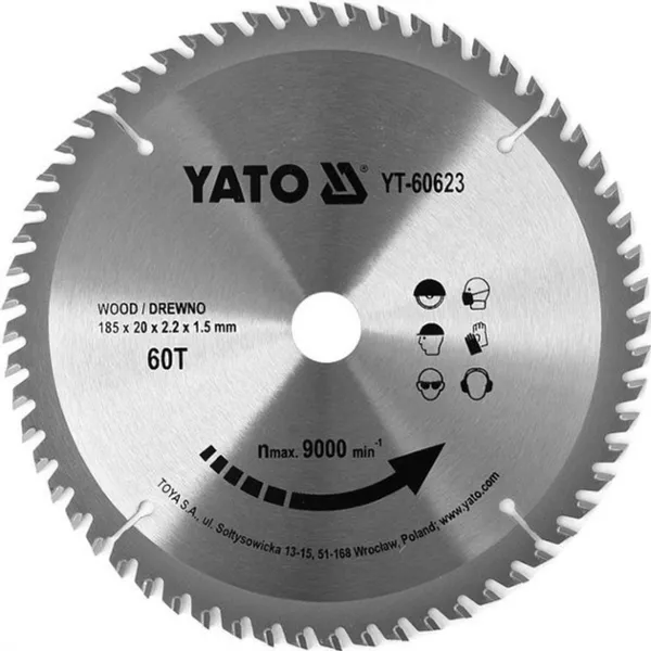 Диск пиляльний по дереву "YATO" 185 x 20 x 2.2 x 1.5 мм 60 зубців